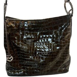 BRIGHTON Croc Embossed Brown Patent‎ Leather Hobo Shoulder Bag